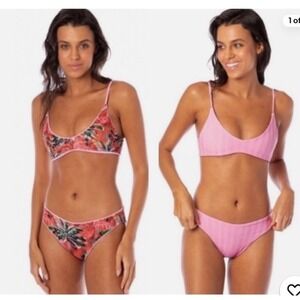 Maaji Reversible Bikini Set Pink Ribbed Tropical Flame Palm Print Women's L NWT